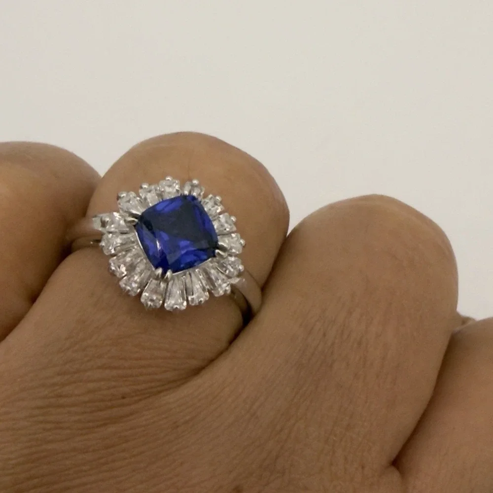 Vtg Saphire Halo Ring İLU 925 Sterling Silver Clear CZ 8.25